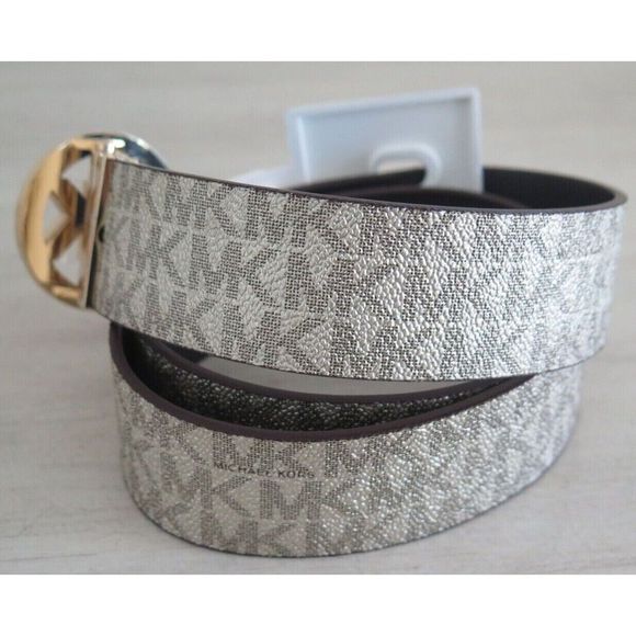 Michael Kors 556178C 715 Women Sz S Reversible Pale Gold/Chocolate Logo MK Belt - Picture 5 of 8